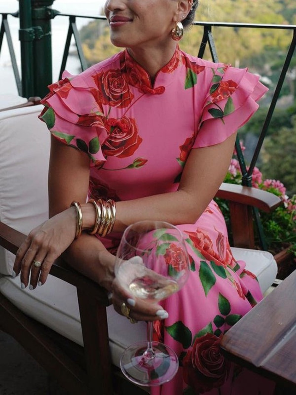 Sau Lee Sylvie Mandarin Collar Ruffle Sleeve Pink Floral Maxi Dress NEW with tag - Picture 9 of 11